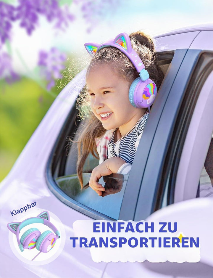 iClever USB Typ C Kinder Kopfhörer, LED Beleuchtetes Katzenohr, 85dBA Sichere Lautstärke, Stereo Sou
