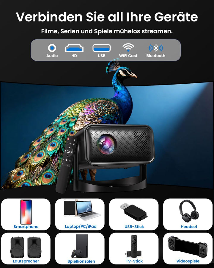 Mini Beamer Unterstützt 4K 1080P, UCOCARE Smart Projector Integrierte APP, Dual-WiFi & Bluetooth Pro