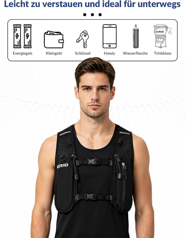 GRIO Laufweste mit 1.5L Trinksystem, Leichte Hydration Weste für Damen &amp; Herren, Atmungsaktiv &amp; Refl