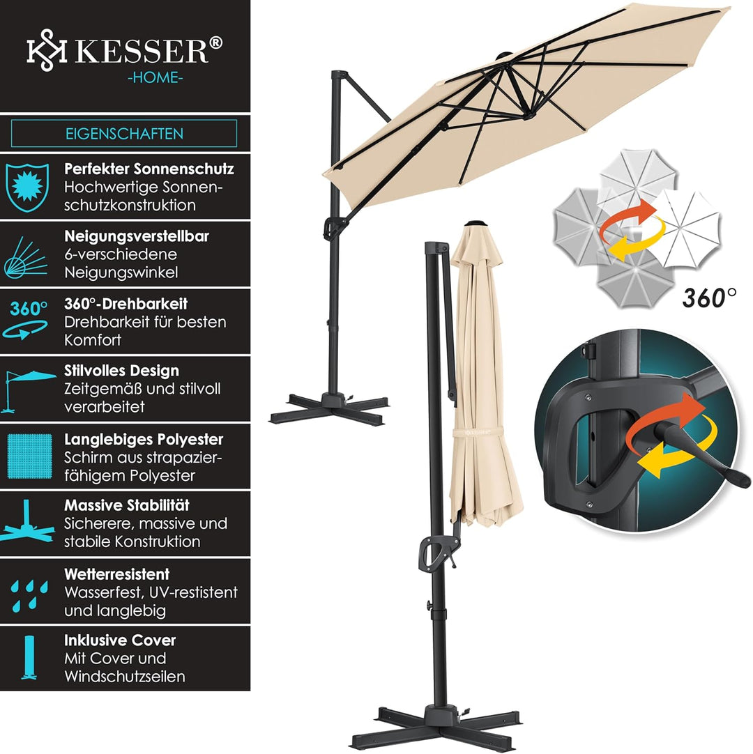 KESSER® Sonnenschirm Ampelschirm SUN Rund XL Ø330 cm Inkl. Abdeckung + Windsicherung 7-Fach Verstell