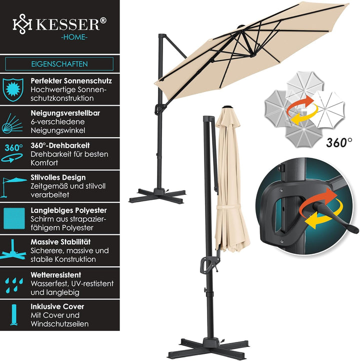 KESSER® Sonnenschirm Ampelschirm SUN Rund XL Ø330 cm Inkl. Abdeckung + Windsicherung 7-Fach Verstell