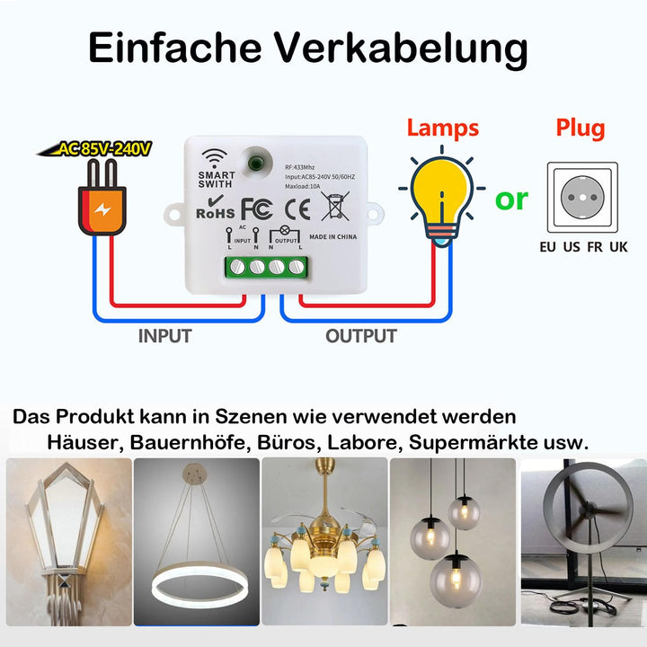 Kabelloses Lichtschalter Satz Funk, Mobiler Funksender Wandsender 2 in 1 Funkschalter Licht 100M Rei