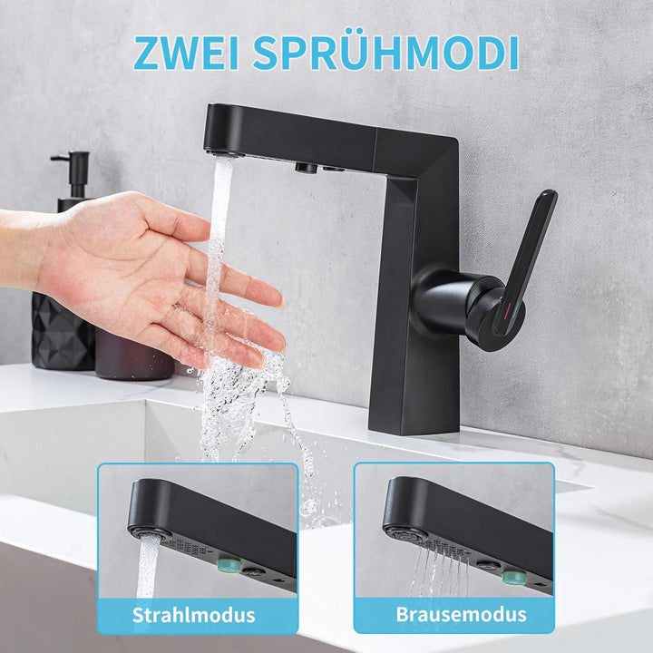 EAARSUO Waschtischarmatur Ausziehbar für Waschbecken mit 1 Loch, Einhebel-Armatur Badezimmer mit 2 M