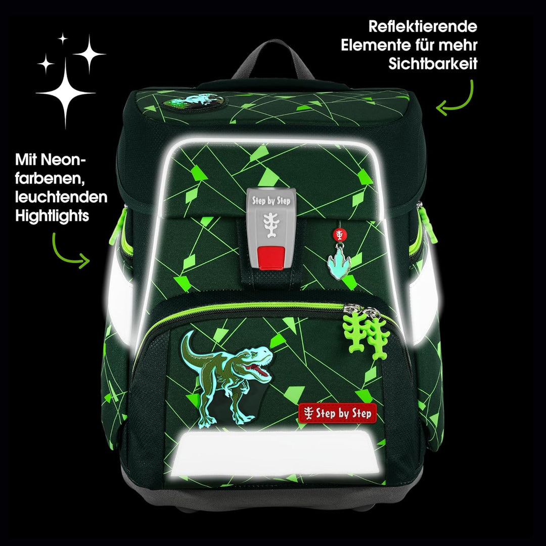 Step by Step Schulranzen-Set Space Shine Dino Night Tyro, 5-teilig, grün, Dinosaurier-Design, ergono