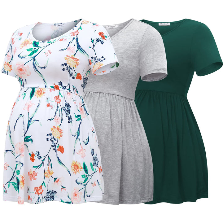 Bearsland Maternity Tops Short Sleeve Scoop Neck Breastfeeding T-Shirt Pregnancy Clothes S Grün & He