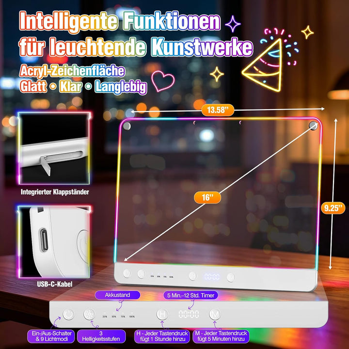 LED-Zeichenbrett Wiederaufladbares 41 cm, 9 Lichtmodi mit Timer, Neon-Trockenlöschtafel mit Ständer,