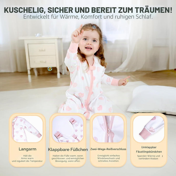 Mama Cheetah Toddler Schlafsack mit Füssen, Long Sleeve 0,5 TOG Bio-Baumwolle Baby Schlafsack mit Be