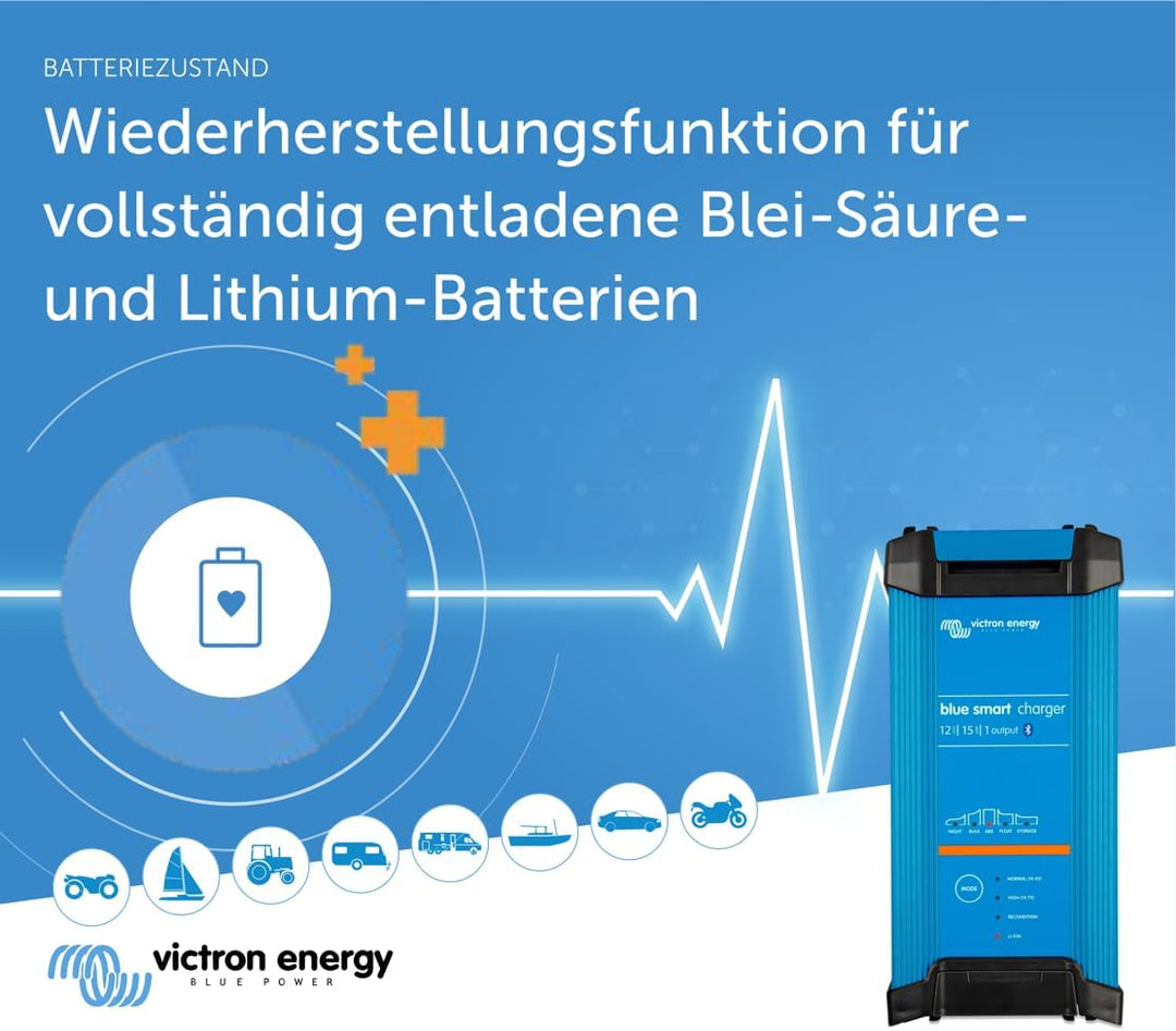 Ladegerät 15A 12V Victron Energy Blue Smart IP22 Bluetooth 12/15 1 Schuko 12V 15A - 1 Ausgang Single