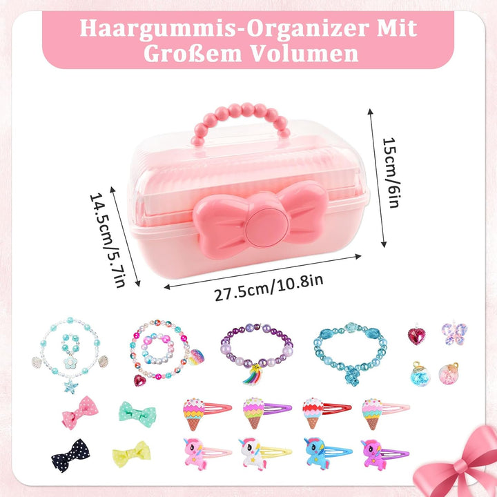 3 Etagen Schmuckbox Kinder, Haarschmuck Aufbewahrung rosa mit transparentem Deckel, 180 Grad Öffnung