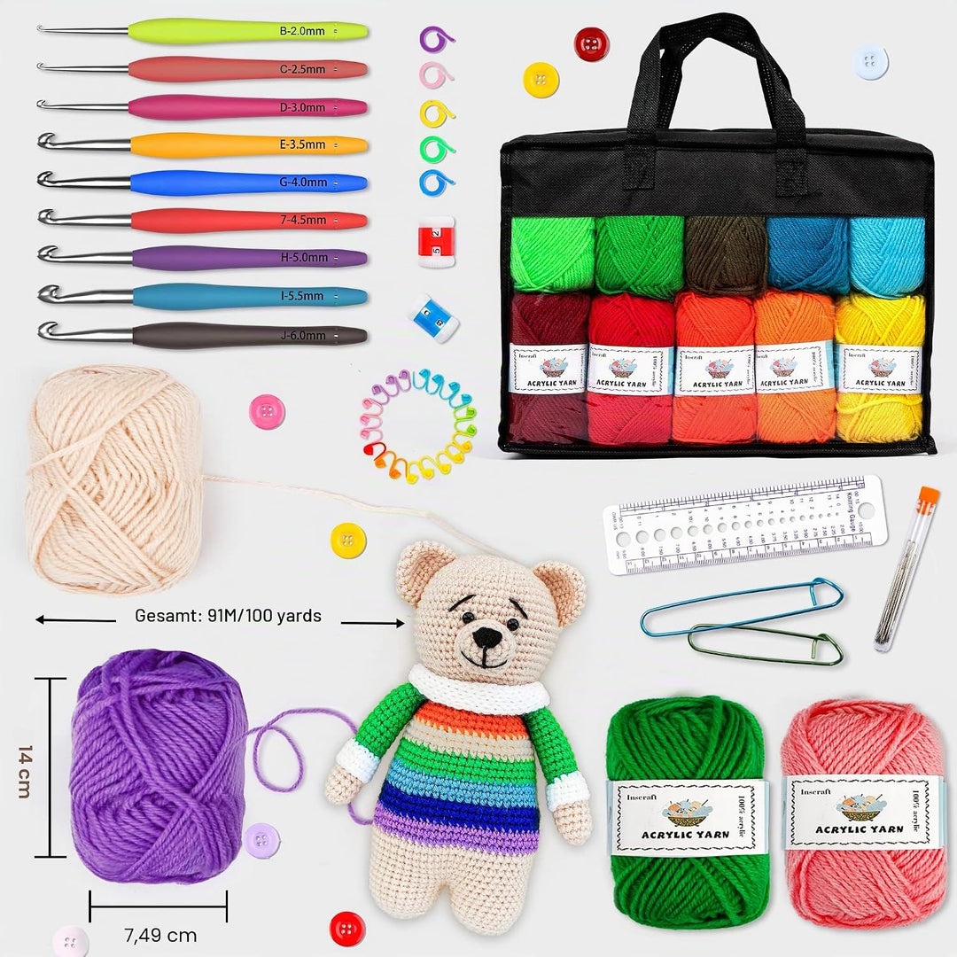 Inscraft Häkelwolle Set, 20 Farben 105 Stück Häkelgarn Set mit 2000yd Strickgarn, Nädeln, Zubehör us