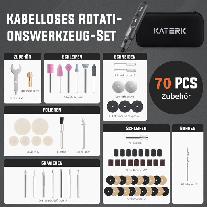 Katerk Mini Akku Multifunktionswerkzeug,5 Gang Rotationswerkzeug Set,5000-20000 U/min & 70 Zubehörte