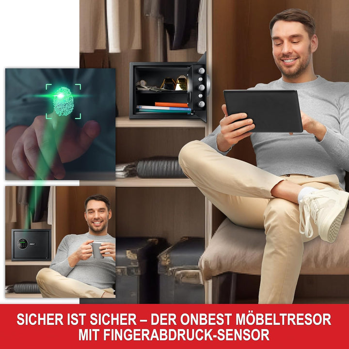 ONBEST elektr. Tresor, Safe mit Fingerabdruck, Zahlencode & Schlüssel – Safe aus Stahl mit 3 Schlies