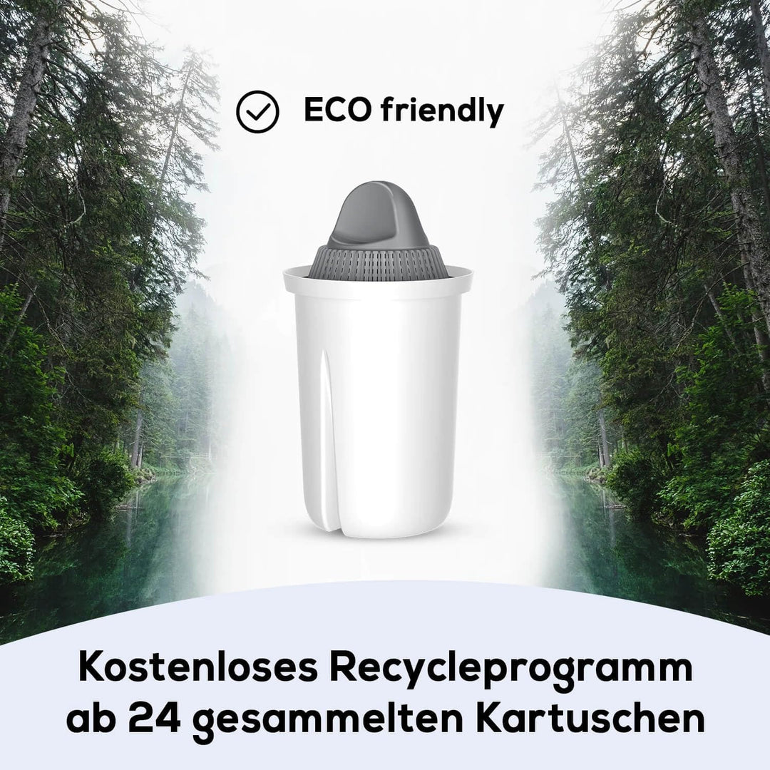 GLAS-Wasserfilter PearlCo (rot) mit 3 Protect+ classic Filterkartuschen (f. hartes Wasser) - Made in