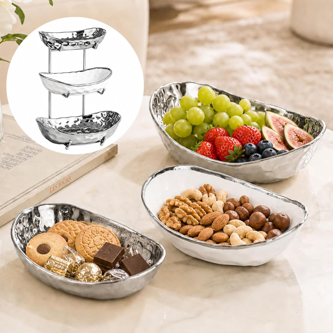 3-stufiger Obst Etagere Obstschale Keramik, Snackteller mit Metallgestell, für Küche, Wohnzimmer (We