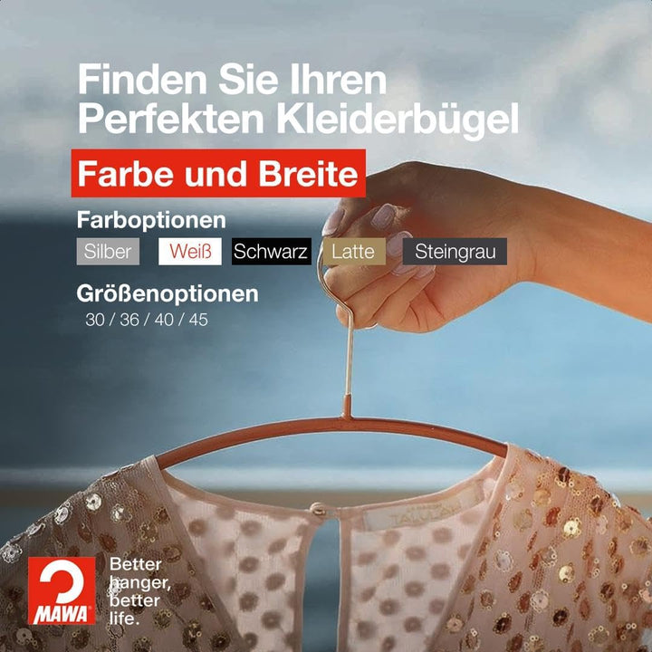 MAWA Kleiderbügel, Set mit 50 hochwertigen, platzsparenden, rutschfesten Kleiderbügeln, ideal für T-