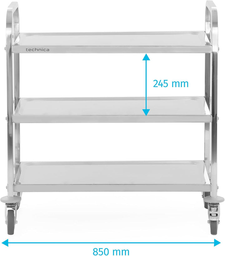TECHNICA Servierwagen Edelstahl 3 Etagen mit Rollen & Bremse Quadratischer Griff 850x450x900mm Rollw