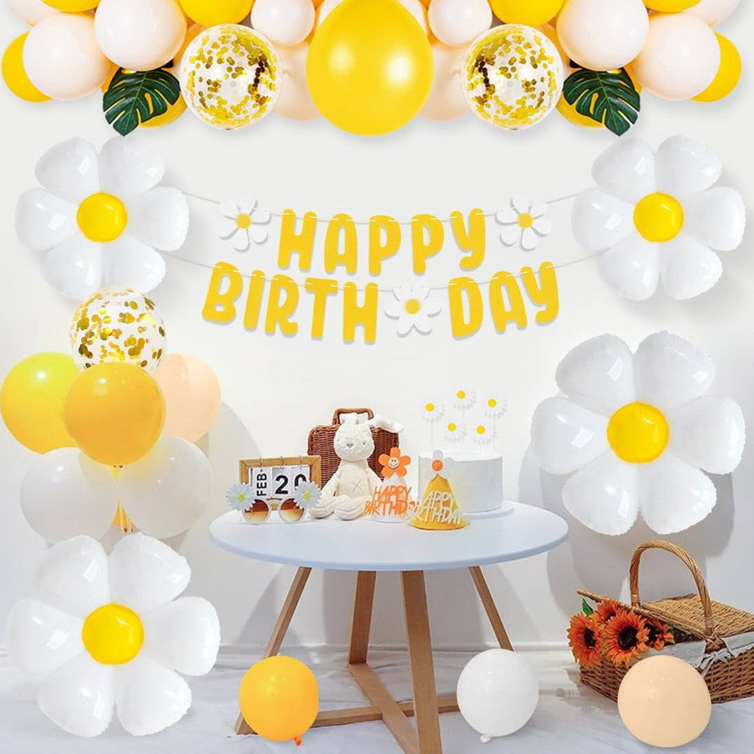Gänseblümchen Geburtstag Luftballons Set, XXL Gänseblümchen Folienballons mit Happy Birthday Girland