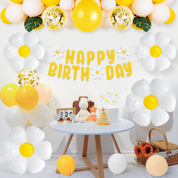 Gänseblümchen Geburtstag Luftballons Set, XXL Gänseblümchen Folienballons mit Happy Birthday Girland