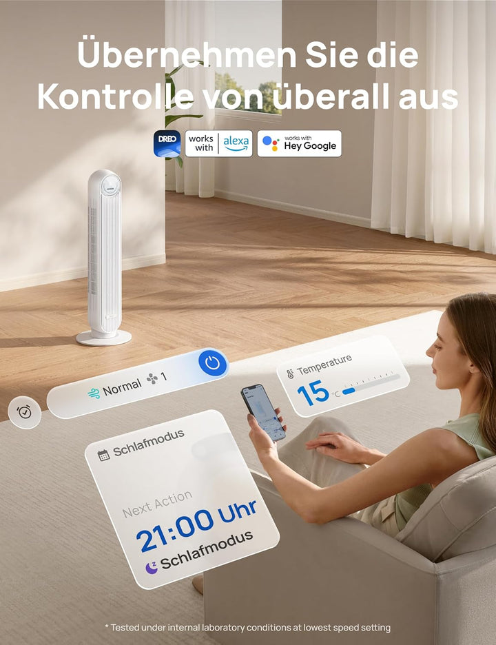 Dreo Smart 20dB Leiser Turmventilator, 10 m Wurfweite 4 Geschwindigstufen 4 Modi 8 Std. Timer 90° os