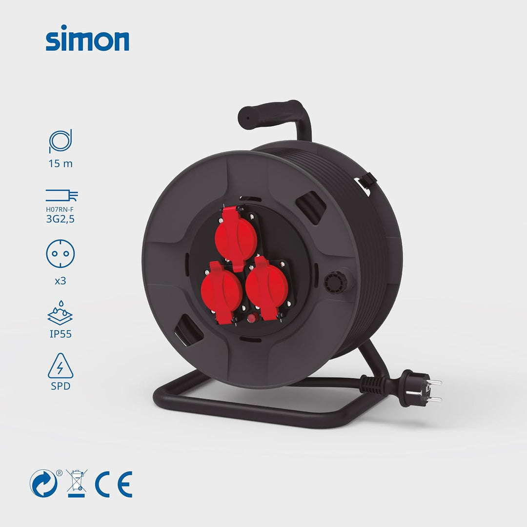 Simon Professionelle Verlängerungskabel H07RN-F, Verlängerungskabel, 3 Steckdosen, IP55, Kabel 3G2,5