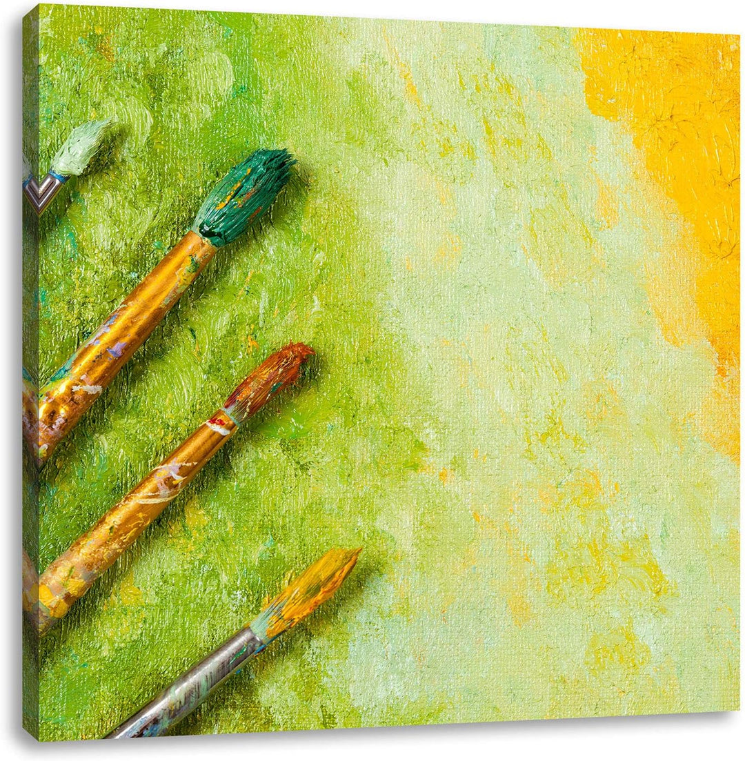 Pinsel mit gemalten Bild, Format: 70x70 auf Leinwand, XXL riesige Bilder fertig gerahmt mit Keilrahm
