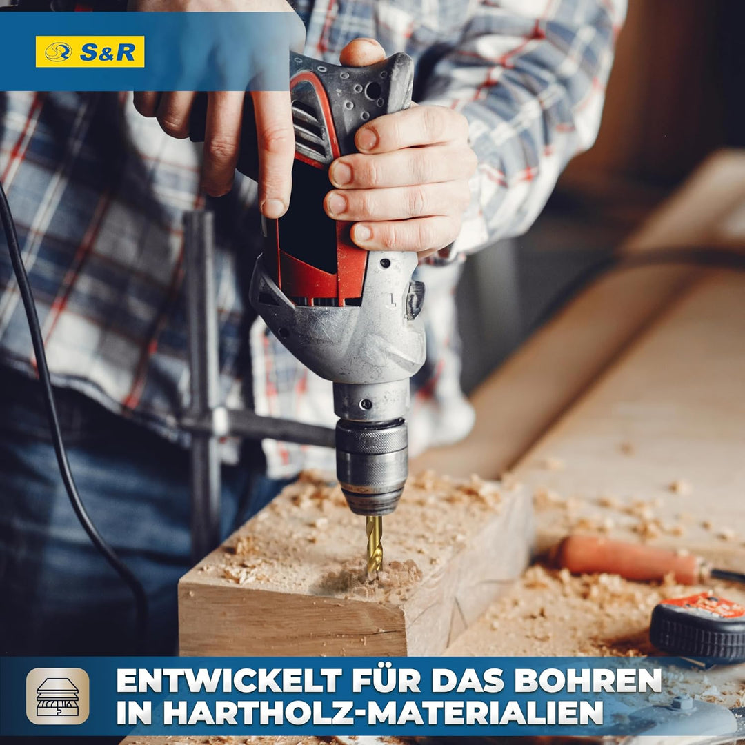 S&amp;R Holzbohrer-Set, Dübelbohrer-Satz 25-tlg 1-13 mm, Industriequalität, HSS-G 4241 Stahl, TiN-Beschi