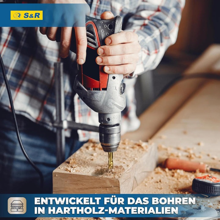 S&amp;R Holzbohrer-Set, Dübelbohrer-Satz 25-tlg 1-13 mm, Industriequalität, HSS-G 4241 Stahl, TiN-Beschi