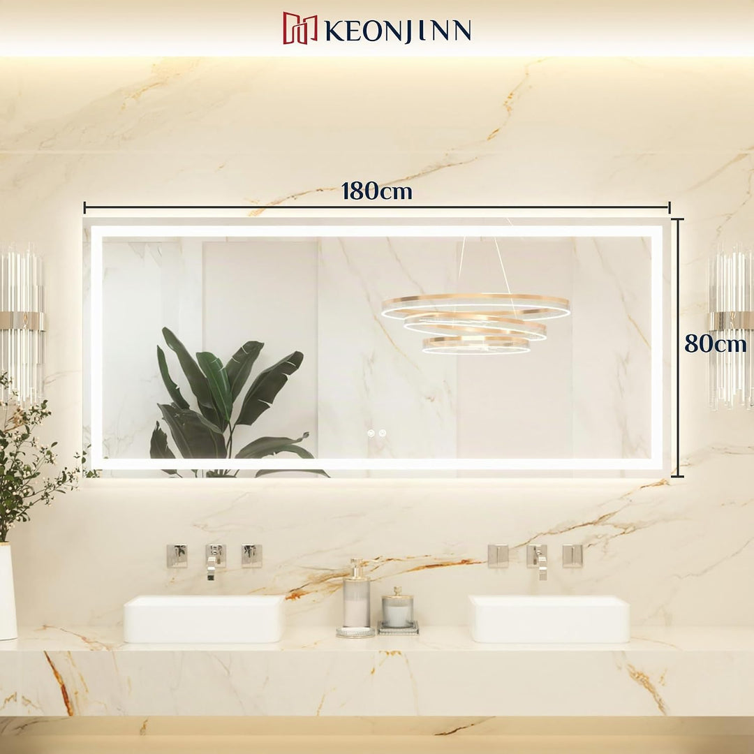 Keonjinn Badspiegel mit Beleuchtung 180x80cm, Beleuchtet Badezimmerspiegel Beschlagfrei Led Bad Spie
