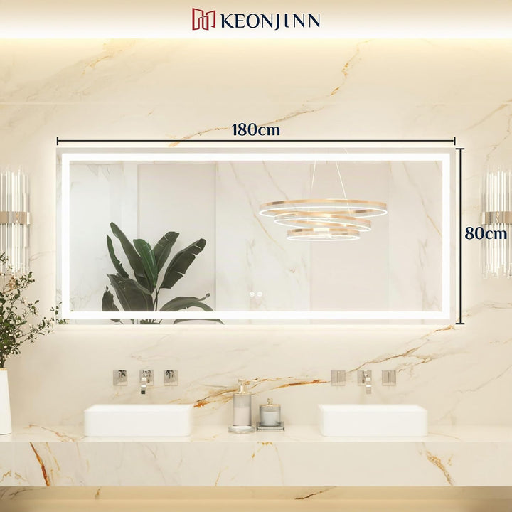 Keonjinn Badspiegel mit Beleuchtung 180x80cm, Beleuchtet Badezimmerspiegel Beschlagfrei Led Bad Spie