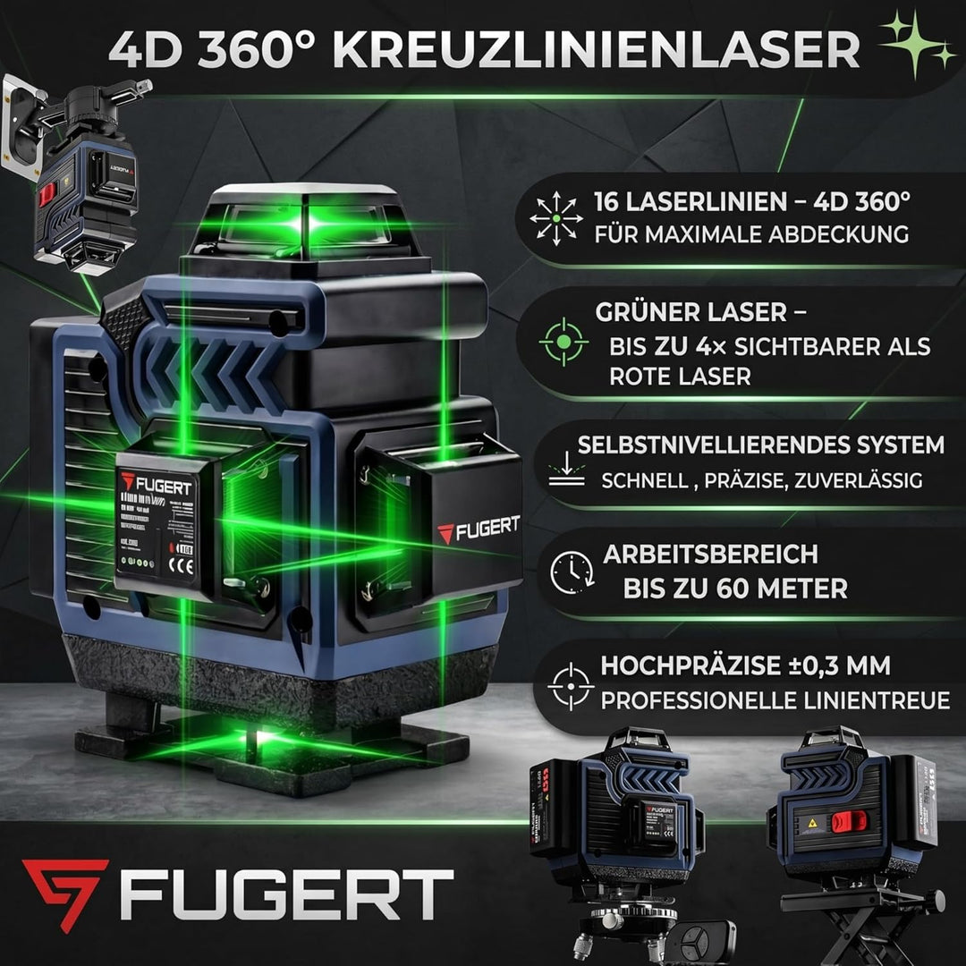 Kreuzlinienlaser 4D 360° 16 Linien Grün Selbstnivellierend | Fugert Kreuzlinienlaser Mit Stativ | 60