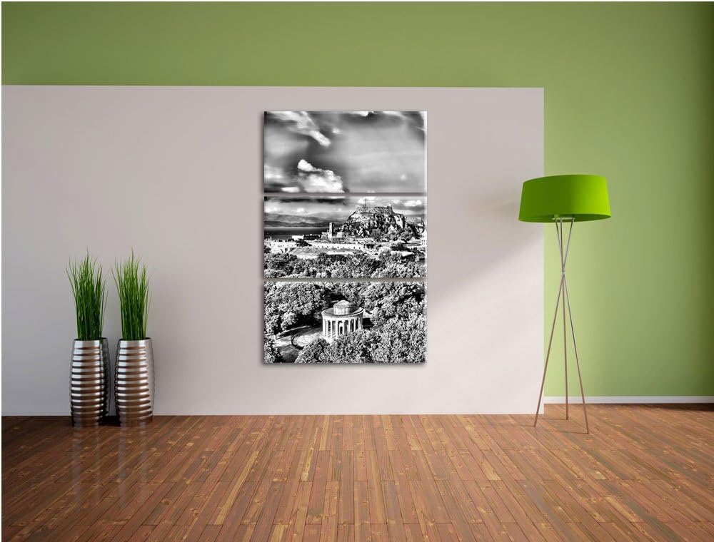 Pixxprint Monocrome, Griechische Entspannungsoase 3-Teiler Leinwandbild 120x80 Bild auf Leinwand