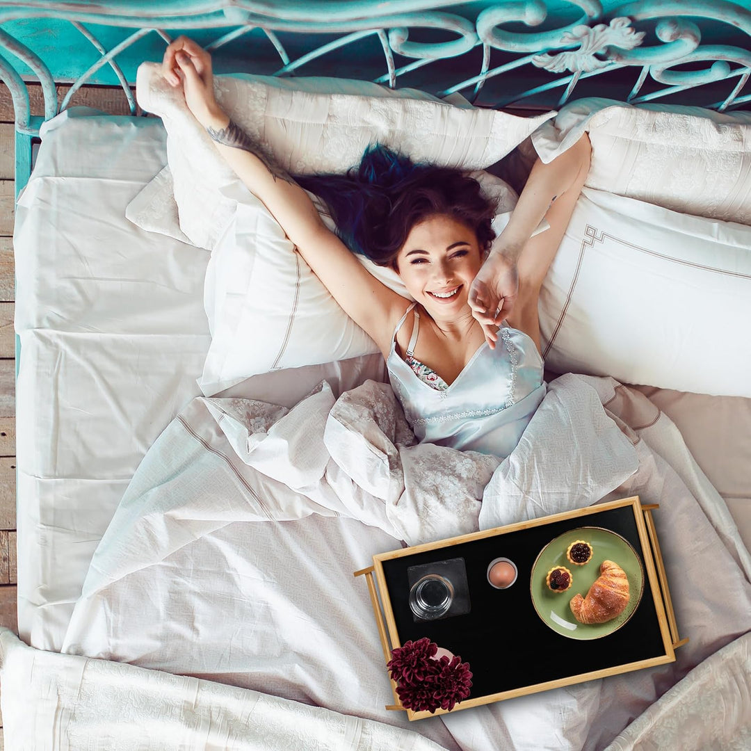 Relaxdays Betttablett klappbar, Tablett mit Füssen, Frühstück im Bett, Bambus & MDF, HBT 23 x 61,5 x