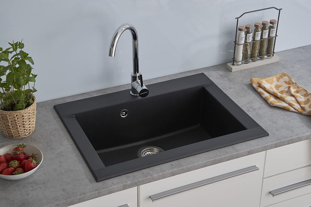respekta Ohio Mineralitespüle in Schwarz / 1 Becken Einbauspüle in 66 x 50 cm/Spülbecken geeignet fü