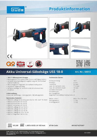 Güde Akku Universal-Säbelsäge USS 18-0 (18 V, max. Schnitttiefe Holz/Stahl 115/10 mm, Sanftanlauf &