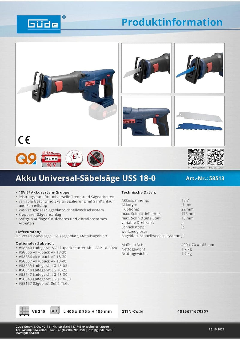 Güde Akku Universal-Säbelsäge USS 18-0 (18 V, max. Schnitttiefe Holz/Stahl 115/10 mm, Sanftanlauf &