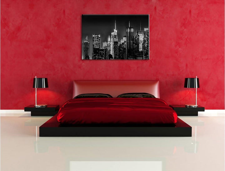Pixxprint New York von Oben schwarz weiss / 100x70cm Leinwandbild bespannt auf Holzrahmen/Wandbild K