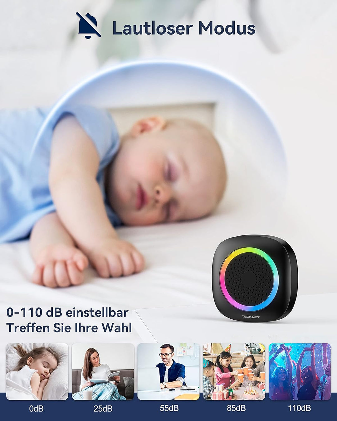 TECKNET Funkklingel, Kabellose Türklingel Batteriebetrieben mit RGB Licht, 60 Melodien, IP66 Wasserd