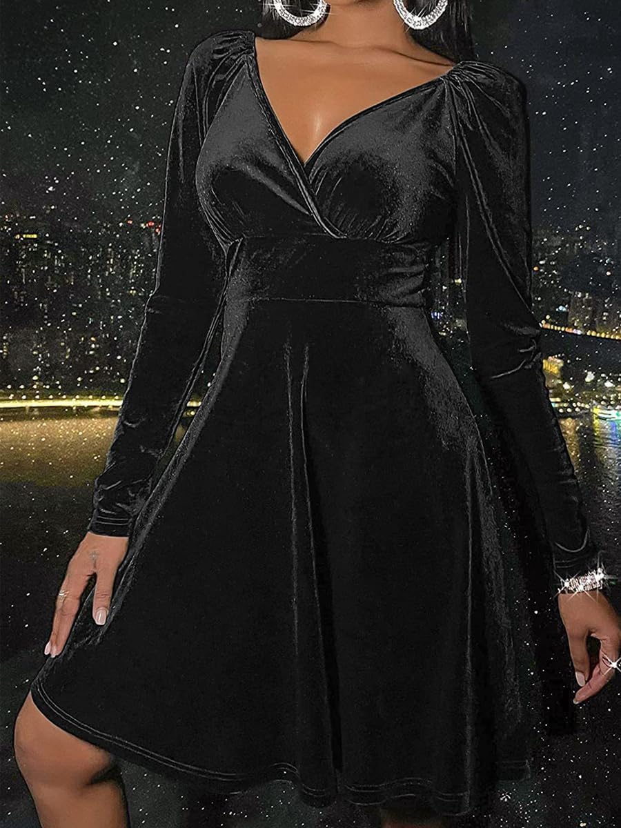 XIVISTO Damen Samtkleid Elegant Abendkleid Langarm Cocktailkleid Rundhals Kleid Bodycon festliches P
