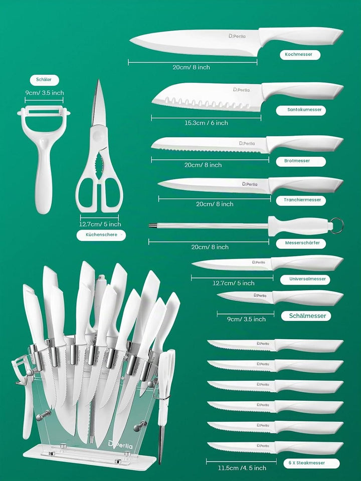 D.Perlla Messerblock, 16-TLG Messer set, Weiss Antihaft-Beschichtung Messer mit Acryl Messerhalter,
