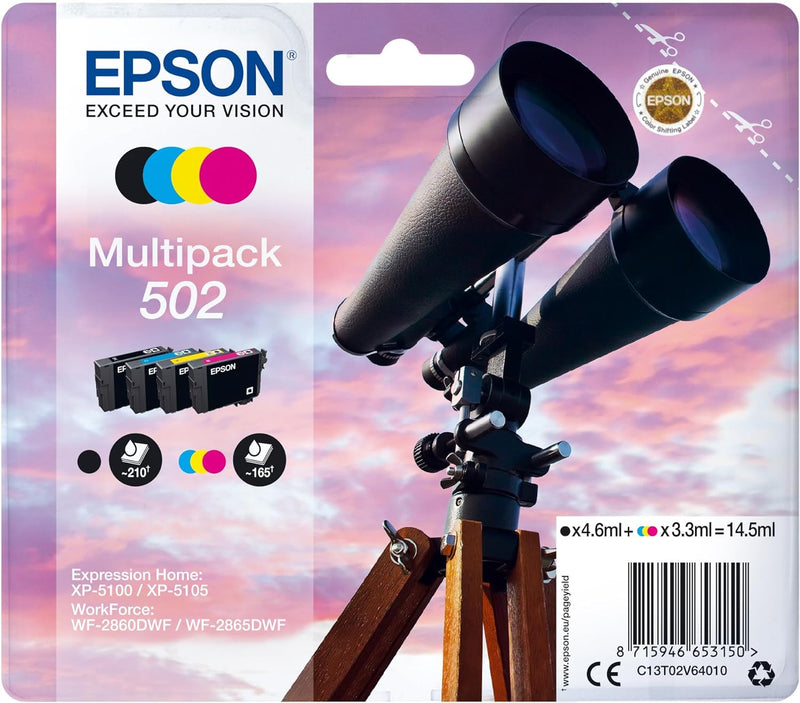 Epson Original 502 Tinte Fernglas Multipack 4-farbig Standard, XP-5100 XP-5105 XP-5150 XP-5155 WF-28