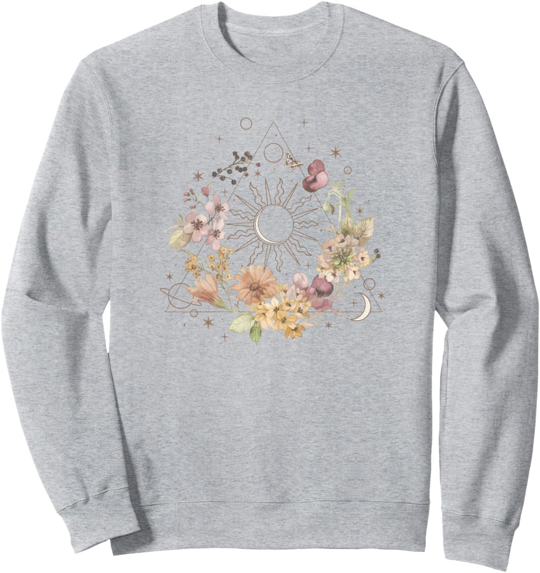Trendy Celestial Pyramid Sun Moon Circling Flowers Sweatshirt