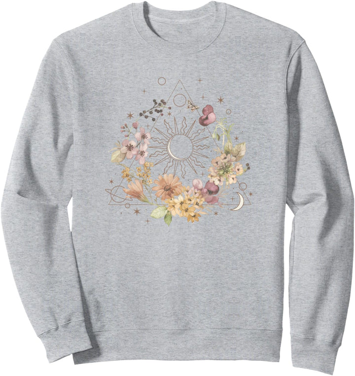 Trendy Celestial Pyramid Sun Moon Circling Flowers Sweatshirt
