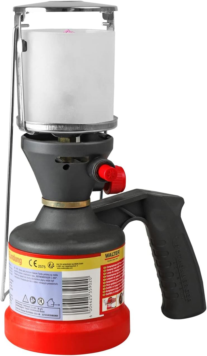 WALTER Gas Camping Lampe mit Piezo Zündung, inkl. 3 Glühstrümpfe | Stufenlos regulierbare Helligkeit