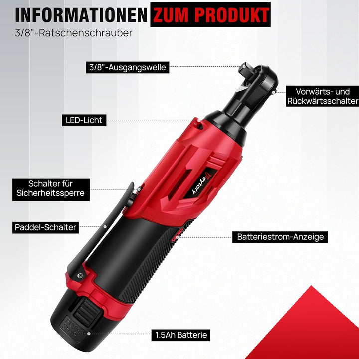 12V Akku Ratschenschlüsse 3/8 Zoll, 40Nm Elektrischer Ratschenschlüssel 2 x 1500mAh Akku, 7 Steckdos