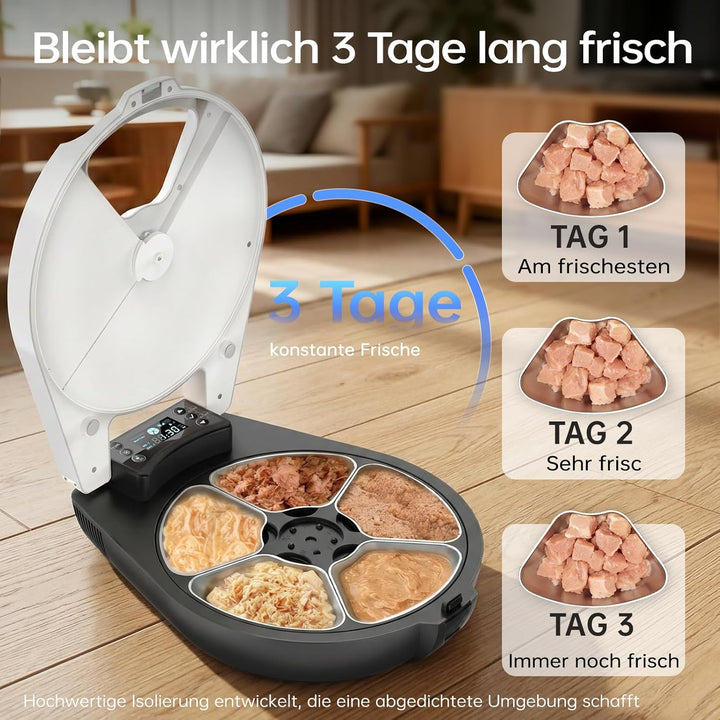 Futterautomat Katze Nassfutter, 3 Tage Frische 5 Mahlzeiten, Mit Halbleiter-Kühlung & Heizung Nassfu