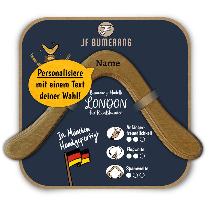 London - Handgemacht in DE - Anfänger - Nachhaltig - Sportgerät aus Holz - Boomerang Personalisiert