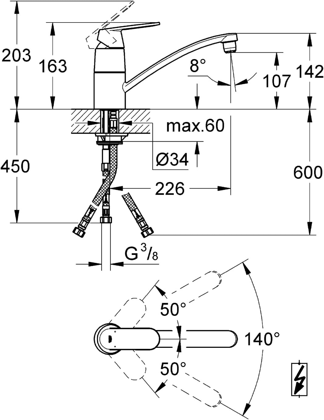 GROHE Eurosmart Cosmopolitan Küchenarmatur, niedriger Auslauf, Niederdruck 31179000 flacher Auslauf