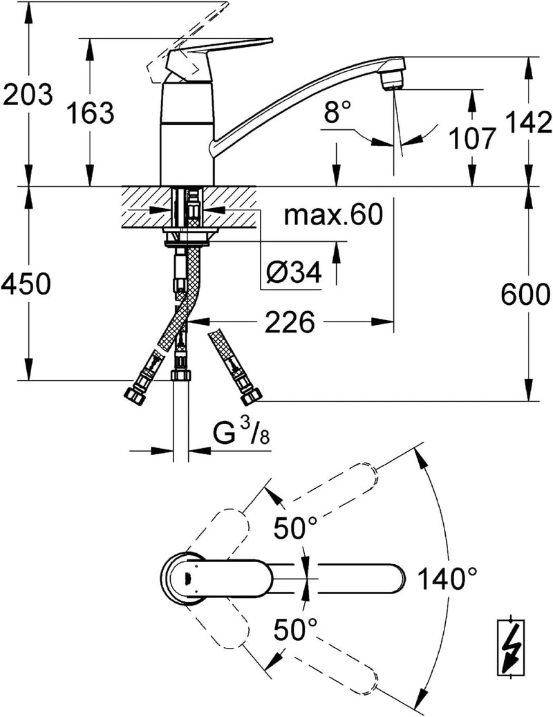 GROHE Eurosmart Cosmopolitan Küchenarmatur, niedriger Auslauf, Niederdruck 31179000 flacher Auslauf