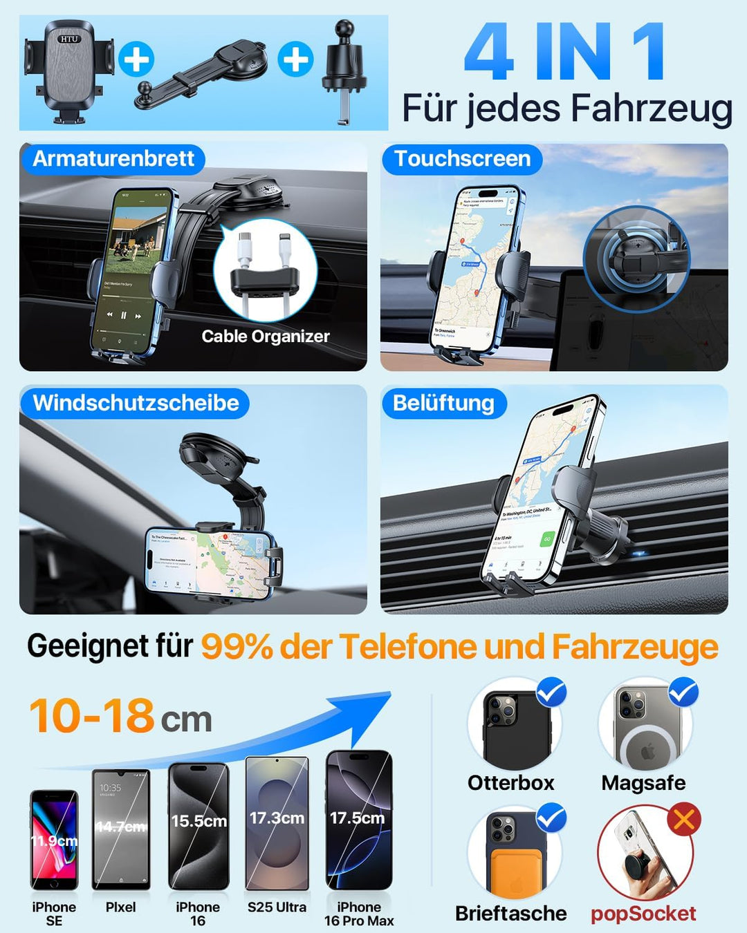 HTU【2026 Neuester Saugnapf & Lüftung Biegsamer Arm Handyhalterung Auto【True Militär-Klasse】 360° Dre