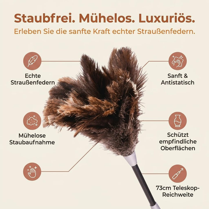 Strauss Staubwedel mit originalen Straussenfedern - Staubwischer mit Teleskopstiel für müheloses Sta
